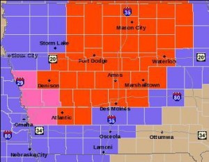Areas in red are under a Blizzard Warning; Pink counties are under a Winter Storm Warning; purple counties are under a Winter Weather Advisory today (2/20)