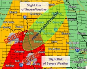 Areas in red are under a "Moderate" risk of severe weather tonight, areas in yellow will experience a "Slight" risk for severe weather. (NWS graphic)