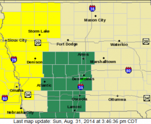 Flash Flood Watch (Counties in green); Tornado Watch (Counties in yellow)