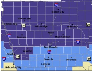 Counties in dark blue are under a Freeze Warning; Light blue=Frost Advisory.