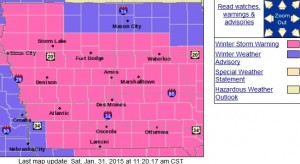 Counties in pink are in a Winter Storm Warning. Purple indicates Winter Weather Advisory. 