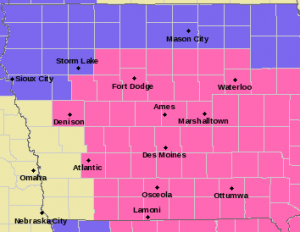 Counties in pink have a Winter Storm Warning in effect from 7-pm 1/31-thru 9-p.m. 2/1/15
