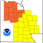 Counties in orange (Nebraska) have  a Very High Fire Danger index. Those in yellow have a High Danger index. 