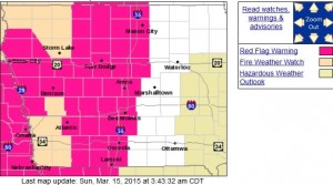 Counties in the pinkish-red color are under a Red Flag Warning this afternoon. The flesh colored counties are in a Fire Weather Watch. (3/15/15)