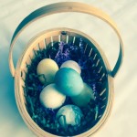 Have fun coloring Easter eggs with natural dyes such as grape, raspberry or beet juice. Or boil cumin or spinach. The blue egg in the basket is from boiled red cabbage. Search on line for specific instructions.