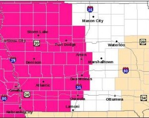Red Flag Warning for counties shaded in pinkish-red. 