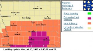 Counties in orange are included in a Heat Advisory, while those in purple are in an Excessive Heat Warning. 