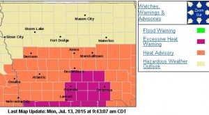 Counties in orange are included in a Heat Advisory, while those in purple are in an Excessive Heat Warning.