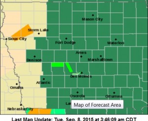 Flash Flood Watch for Counties in Dark Green; Light Green indicates a Flood Warning in effect.