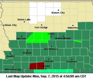 Counties in dark green are under a Flash Flood Watch; Light green: Flood Warning; Counties in dark red: Flash Flood Warning. 
