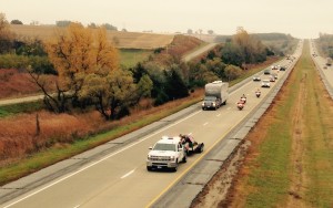 An Iowa State Patrol Trooper leads the WTC Beam convoy along I-80 in Cass County. (Photos courtesy Mike Kennon, Cass County Emergency Mgmt. Agency)