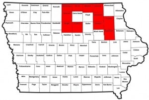 IA counties (in red) w/a ban on open burning as of 10/13/15.