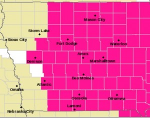 Counties shaded in pink are under a Red Flag Warning Monday