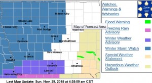 Winter Storm Watch late Sunday night into Monday night (counties in blue). Winter Weather Advisory until 6am Sun. for counties in purple). 