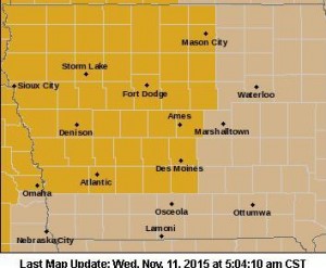 High Wind Warning for counties in gold, Wind Advisory for counties in brown