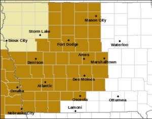 Counties shaded in brown are included in the High Wind Watch