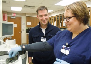 CCHS employees Mitch Whiley, MLS (ASCP) and Chelsea Johnson, MLT are shown working together in the laboratory. The CCHS Foundation 2016 Campaign funds will go towards the purchase of new equipment for the department.