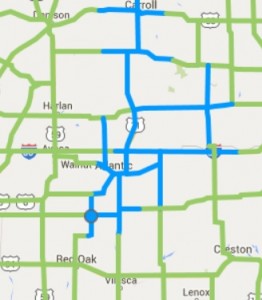 Roads in blue are partially covered in snow and slush. Bridges and overpasses may be icy. (Image as of 2:30-p.m. 12/23)