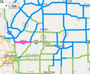Roads in pink are completely covered in snow, ice or slush. Roads in blue are partially covered. 