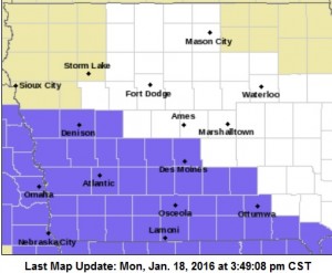 Winter Weather Advisory for counties shaded in purple