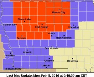 Blizzard Warning for counties in red. Winter Weather and/or Wind Advisories for counties in lavender. 