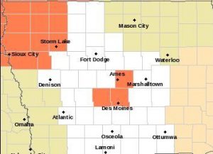 Heat Advisory (counties in Orange) until 9-p.m. Saturday for n.w. IA, & until 7-p.m. Sunday for parts of central IA