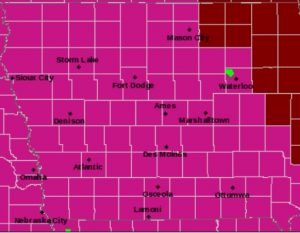 Excessive Heat Warning from 1-p.m. Wed, thru 7-p.m Friday (Counties shaded in pink/mauve); Excessive Heat Watch for counties shaded in deep red