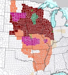 Areas in dark red are under an Excessive Heat Watch. Orange areas have a Heat Advisory. Purple areas have an Excessive Heat Warning.