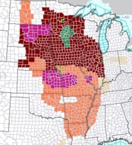 Areas in dark red are under an Excessive Heat Watch. Orange areas have a Heat Advisory. Purple areas have an Excessive Heat Warning. 
