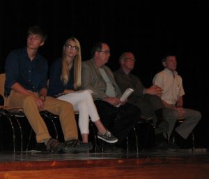 {From left to right) Riverside Seniors Lucas Wilber & Lillian Smith, Superintendent Dr. Timothy Mitchell, DLR Design firm rep. Paul Ahrend, & School Board President Murrary Fenn