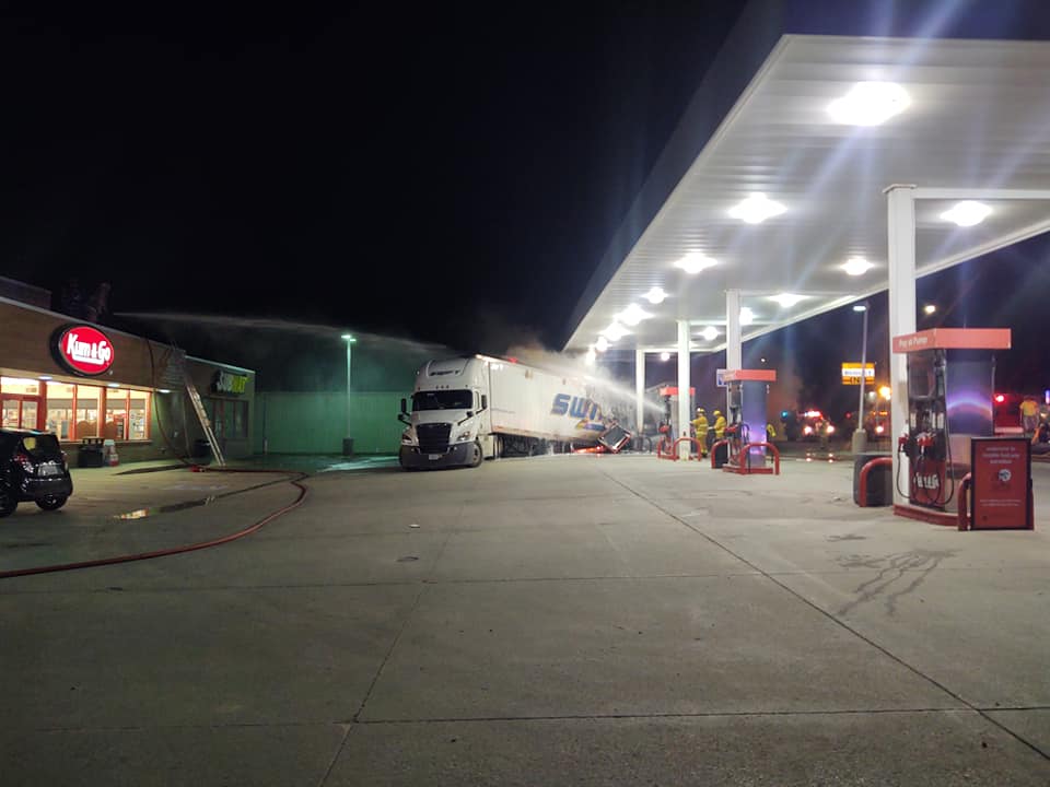 Update No injuries after semi hits gas pumps in Adair, causing a fire