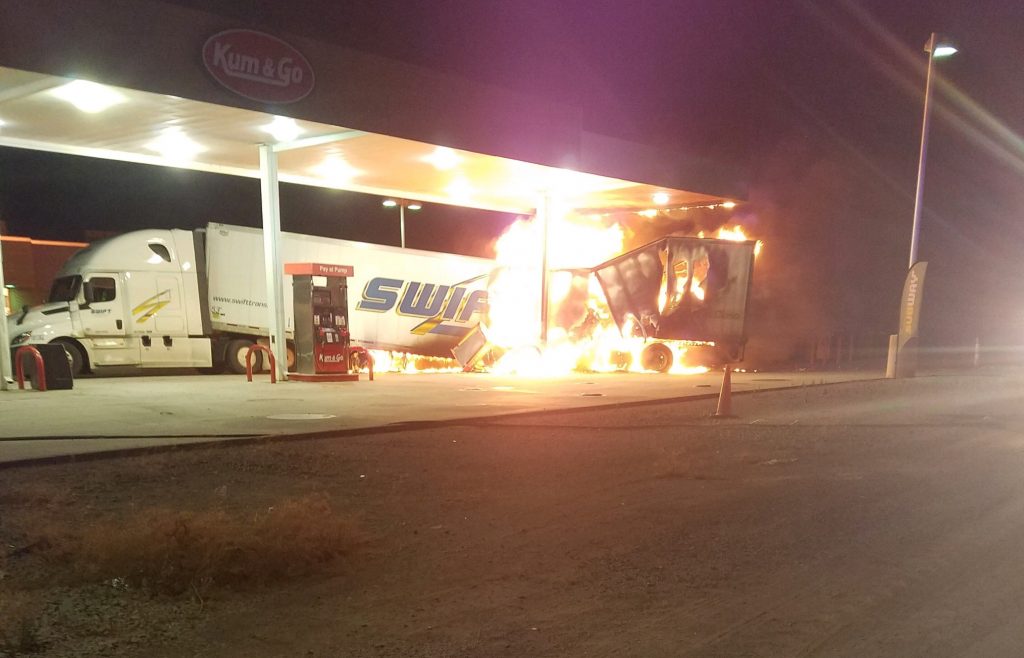 Update No injuries after semi hits gas pumps in Adair, causing a fire
