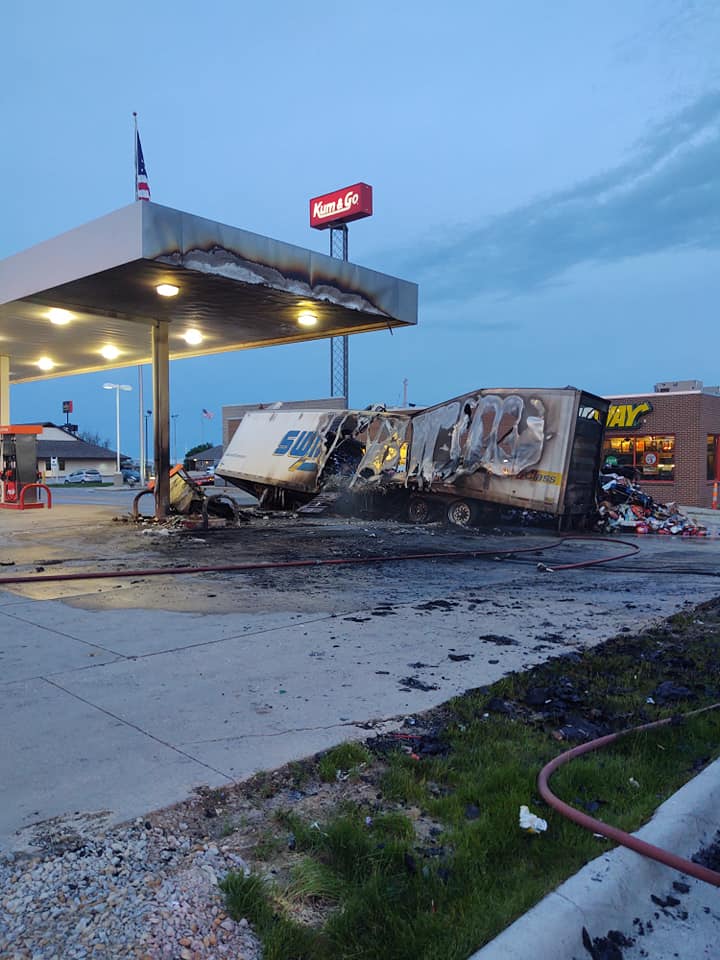 Update No injuries after semi hits gas pumps in Adair, causing a fire
