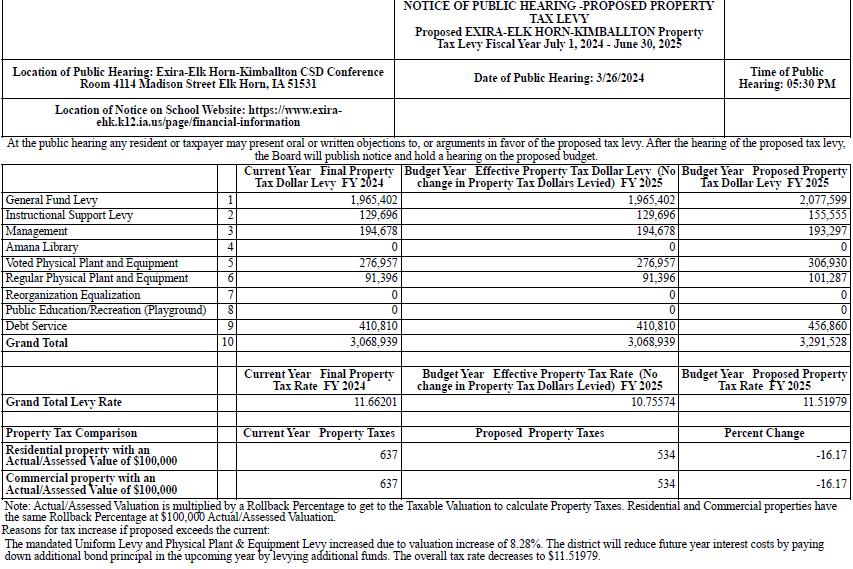 ExiraEHK School Board Special Meeting & Public Hearing set for Tuesday